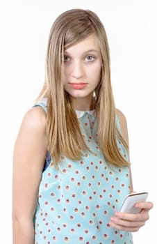 teenage girl standing with a phone in his hand on white background