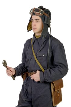soviet tank driver with wrench on the white background