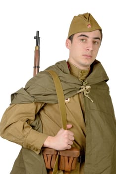 Soviet sniper with his rifle on the white background