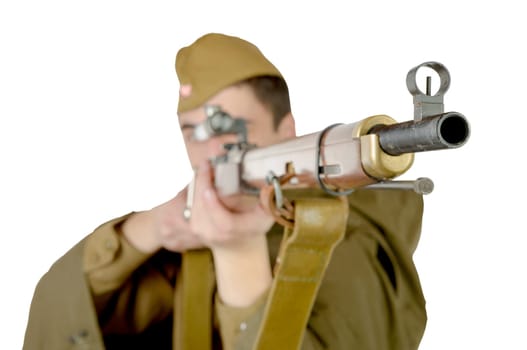 Soviet sniper with his rifle on the white background