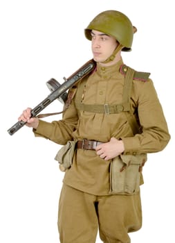 young Soviet soldier with machine gun on the white background