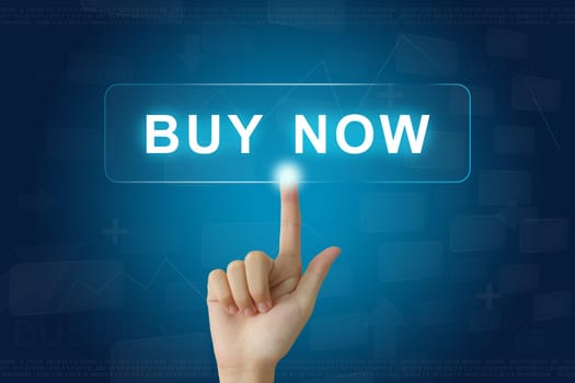 hand press on buy now button on virtual screen