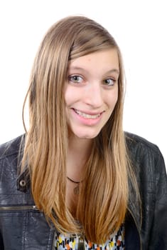 portrait of a smiling teenage girl on the white background