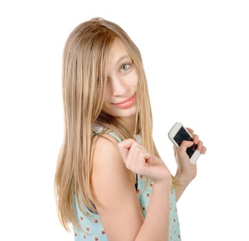 teenage girl standing with a phone in his hand on the white background