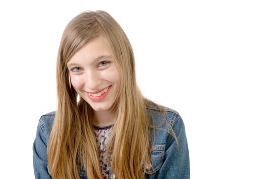 portrait of a smiling teenage girl on the white background