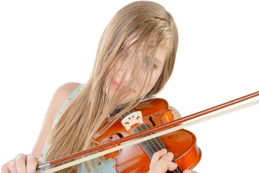 a teenage girl with long hair plays violin on the white background