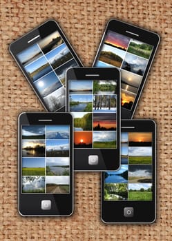 five modern mobile phones with different images on the sacking