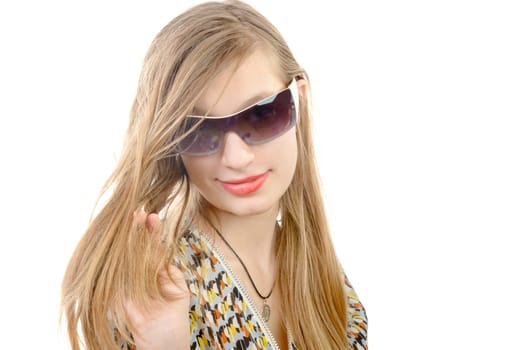 portrait of a teenage girl with glasses on white background