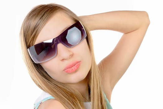 portrait of a teenage girl with glasses on white background
