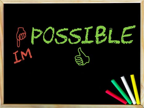 Impossible word changed into possible by red and green hand signs.Handwriting with chalk on wooden frame blackboard, colored chalk in the corner, Business Vision concept image