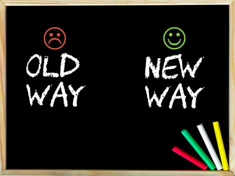Old Way versus New Way message with sad and happy emoticon faces.Handwriting with chalk on wooden frame blackboard, colored chalk in the corner. Lifestyle change concept image