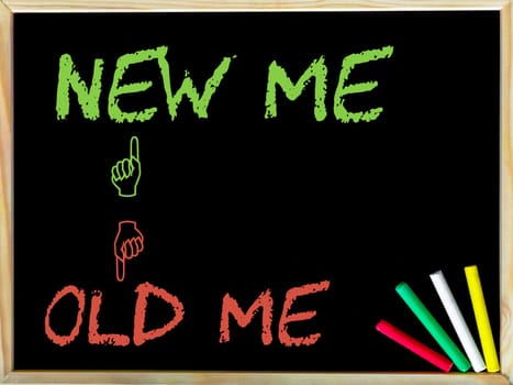 Old Me and Unlike sign versus New Me and Like sign.Handwriting with chalk on wooden frame blackboard, colored chalk in the corner, Lifestyle change concept image