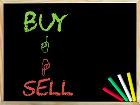 Buy and Like sign versus Sell and Unlike sign.Handwriting with chalk on wooden frame blackboard, colored chalk in the corner, Business concept image