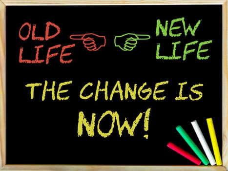 The Change is now.Change the old life with the new life.Handwriting with chalk on wooden frame blackboard, colored chalk in the corner, lifestyle change concept.