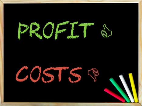 Costs and Unlike sign versus Profit and Like sign.Handwriting with chalk on wooden frame blackboard, colored chalk in the corner, Business Profitability concept image