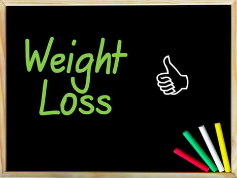Weight Loss message and Like sign.Handwriting with chalk on wooden frame blackboard, colored chalk in the corner, Healthy Life concept image