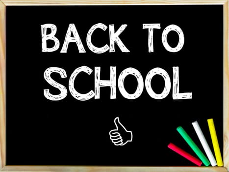 Back to School message and Like sign.Handwriting with chalk on wooden frame blackboard, colored chalk in the corner, Concept image