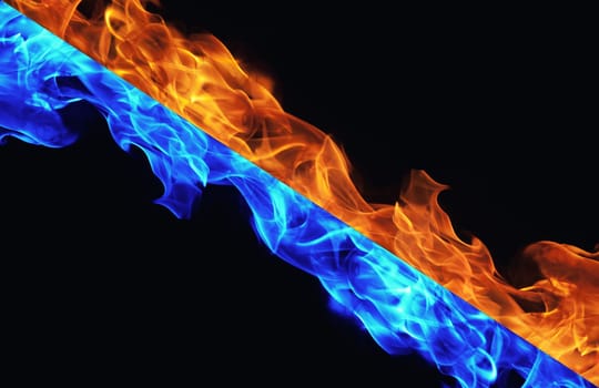 Blue and red fire on black background