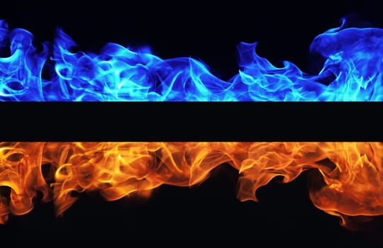 Blue and red fire on black background