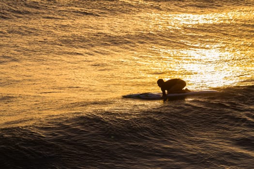 Lifeguard  athlete trains dawn sunrise on rescue craft paddling out through ocean wave swells.