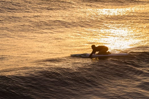 Lifeguard  athlete trains dawn sunrise on rescue craft paddling out through ocean wave swells.