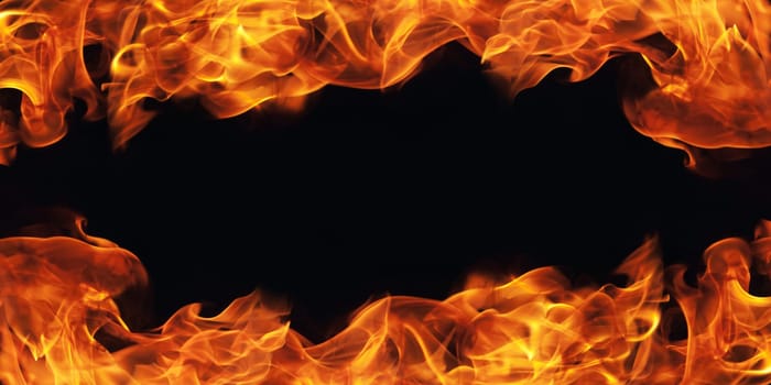 burning fire flame frame on black background