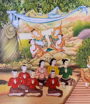 Buddhist temple mural painting (The life of Buddha) inside of Wat Loi Kroh in Chiang Mai, Thailand