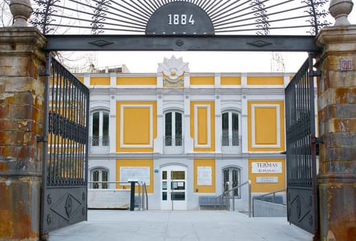 Banos de Montemayor, Spain - Jan 2nd, 2021: 19th century spa resort building of Banos de Montemayor, Caceres, Extremadura, Spain