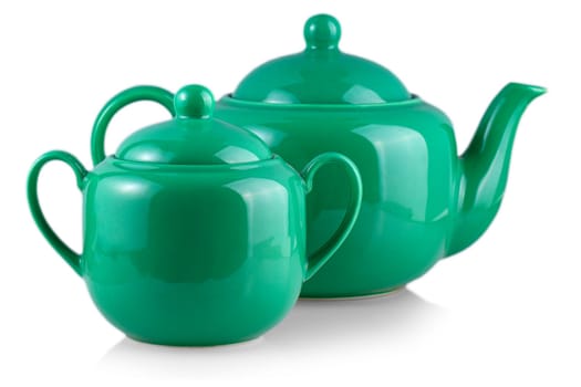 green teapot and sugar bowl on white