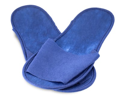 Blue slippers from hotel, slippers from airplane are on white, home slippers are on white background, home footwear
