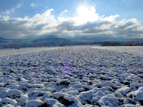 Panoramic view to the Swabian highlands in wintertime in Germany