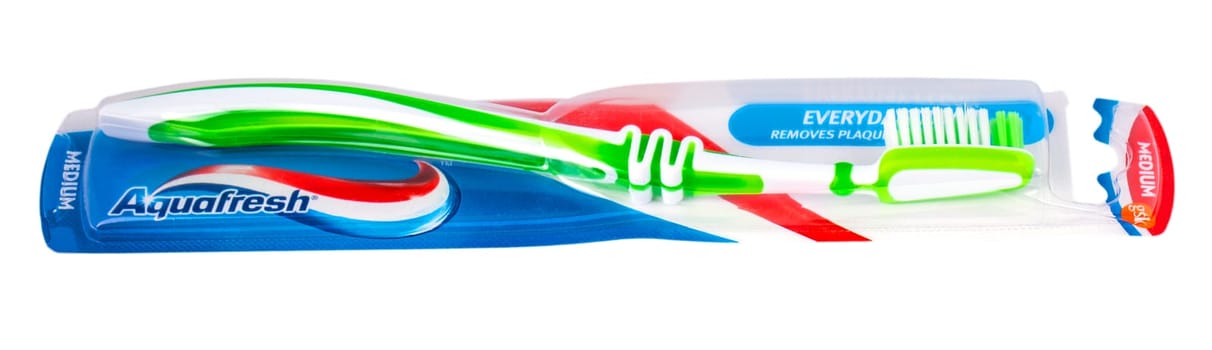 Kamchatka, Russia 24 Jan 2019: Toothbrushes AQUAFRESH isolated on white background