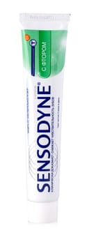 Kamchatka, Russia 24 Jan 2019: Sensodyne PRONAMEL toothpaste tube on white background.