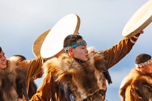 PETROPAVLOVSK, KAMCHATKA, RUSSIA - NOVEMBER 4, 2018: Folk ensemble performance in dress of indigenous people of Kamchatka. The holiday Northern aboriginal Koryak was Hololo