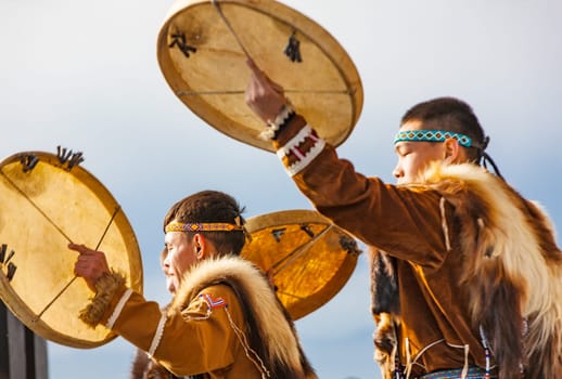 PETROPAVLOVSK, KAMCHATKA, RUSSIA - NOVEMBER 4, 2018: Folk ensemble performance in dress of indigenous people of Kamchatka. The holiday Northern aboriginal Koryak was Hololo