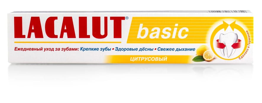 Kamchatka, Russia - May 20, 2019: Lacalut Aktiv medical toothpaste.