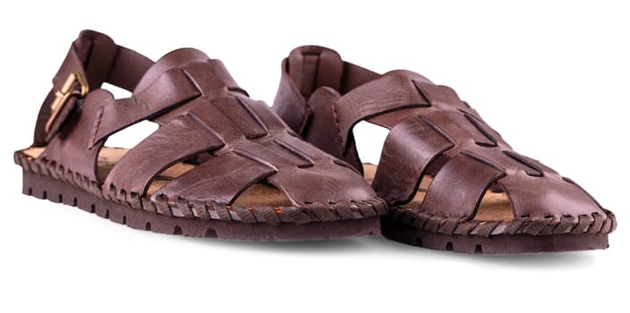 The leather brown men's sandals on white