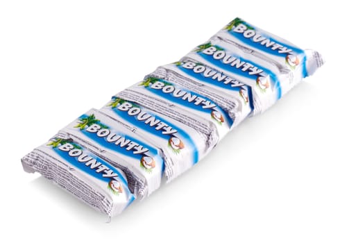 Kamchatka, Russia - May 26, 2019: Bounty chocolate bar is a brand of American Mars, Inc.