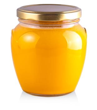 The yellow honey jar on white background