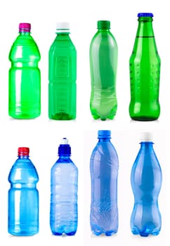 green and blue water bottle isolated on white background