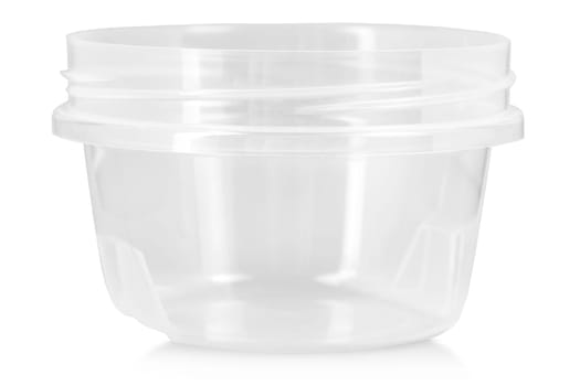 Opened transparent plastic food container. Catering food packaging.