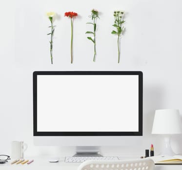 White desk with spring environment.