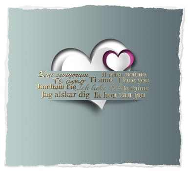 Love card. I love you text in different languages. Hearts in paper strip, text I love you on green pastel background. Pretty card for Valentines, wedding, template card. 3D illustration
