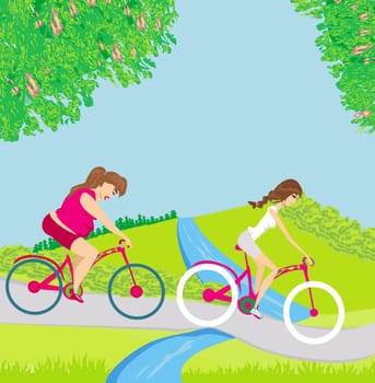 overweight woman and her slim friend riding on bicycles
