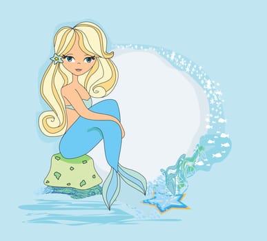 beautiful mermaid - decorative frame on a blue background