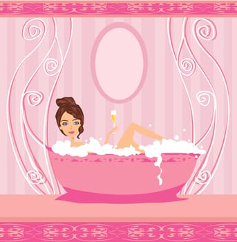 sexy woman taking hot bubble bath and drinks champagne