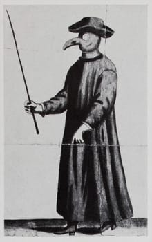 Plague Doctor during Black Death years. 18th Century engraving. Unknown artist