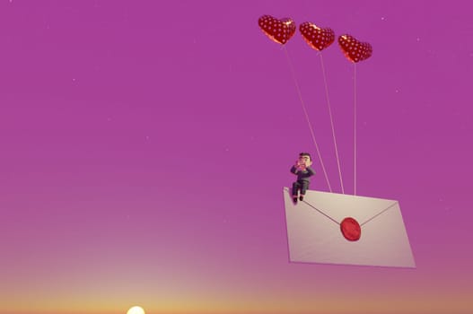 3D image , Heart-shaped balloon with human sit on mail icon . Concept: A declaration of love on Valentine's Day.