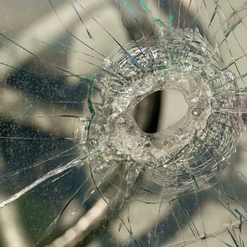 destroyed window of a historical railroad wagon in the port of Magdeburg in Germany