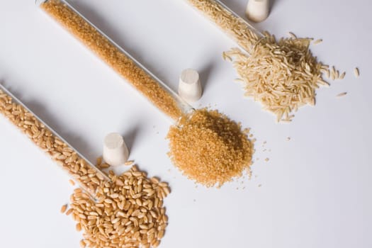 High angle view of brown rice and sugar with wheat in test tubes